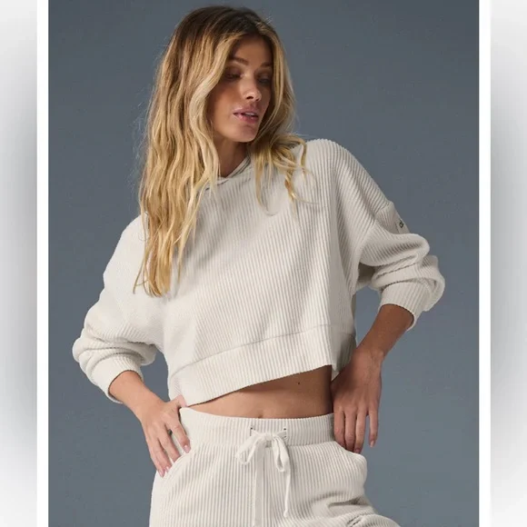 ALO Yoga Cream Ribbed Hoodie - Picture 1 of 4